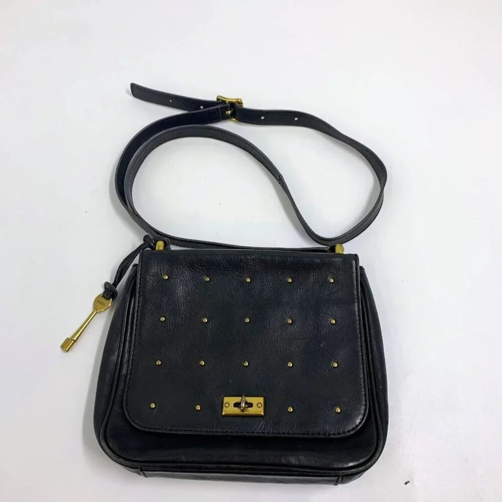 Fossil Women's Leather Gold Studded Key Lock Accessory Adjustable Crossbody‎
